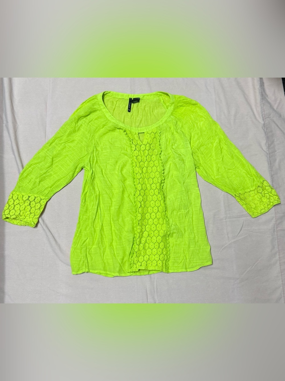 new directions Neon Lime Crochet-Front Women's Blouse